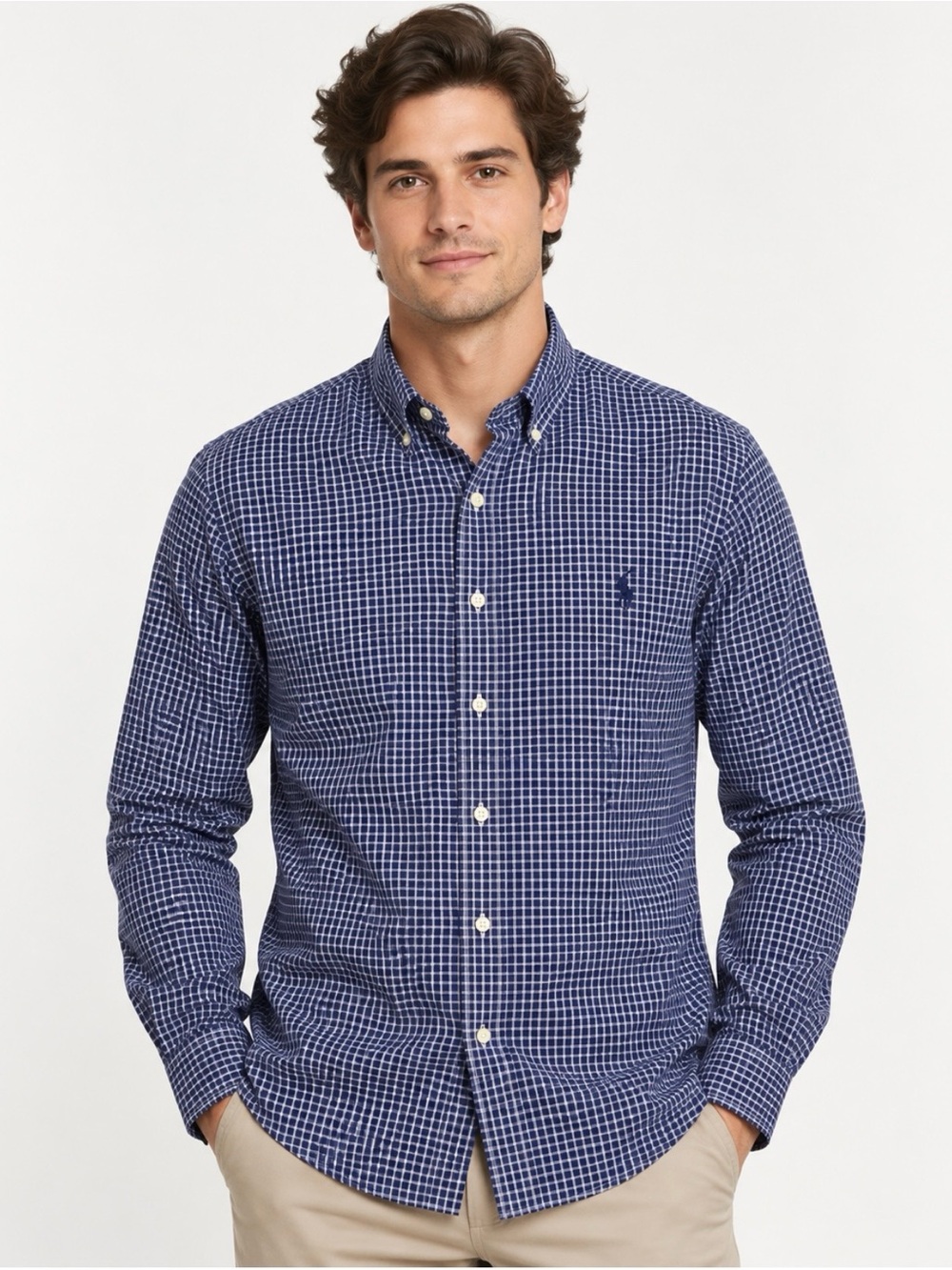 Ralph Lauren Men’s L Slim Fit Stretch Poplin Navy Blue Check Button-Down Shirt